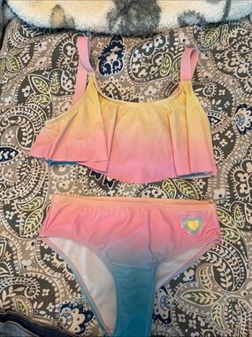 Andy & Evan Girls' Pink Yellow Blue Ombre Ruffle Two-Piece Swimsuit